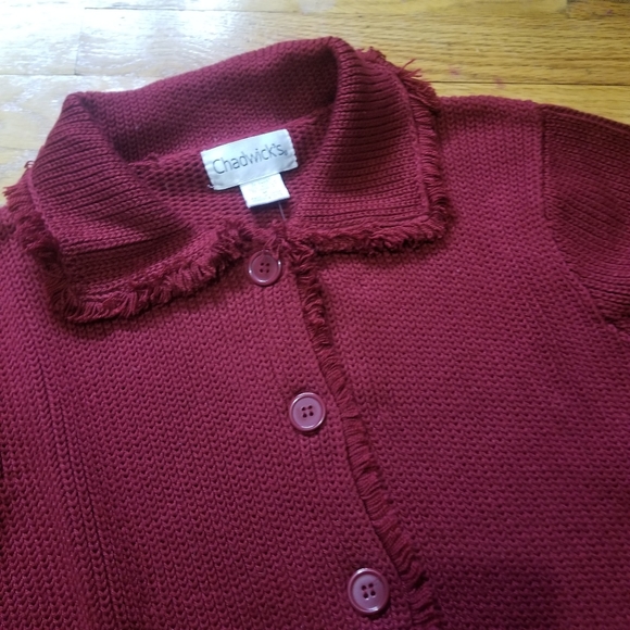 Chadwicks Acrylic Fringe Womens Knit Med Button Front  Cardigan Sweater Deep Red - Picture 2 of 9